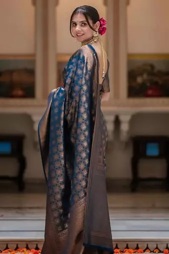 Blue Banarasi Silk blend saree with blouse piece