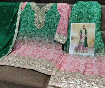 Pink & green bandhani embroidered palazzo suits free size - upto 42 1