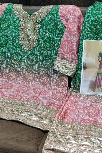 Pink & green bandhani embroidered palazzo suits free size - upto 42