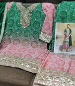 Pink & green bandhani embroidered palazzo suits free size - upto 42