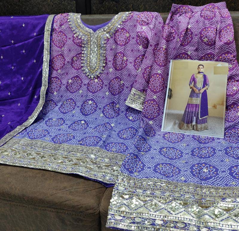 Light purple & blue green bandhani embroidered suits free size - upto 42