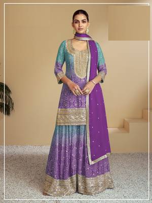 Light blue & purple bandhani embroidered palazzo suits free size - upto 42 1