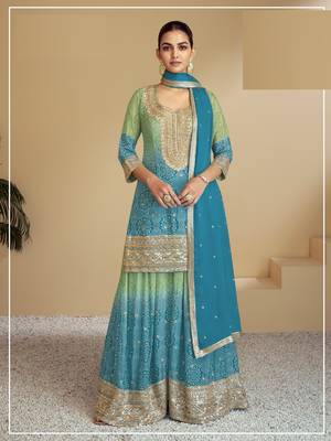 Light green & blue  bandhani embroidered suits free size - upto 42 1
