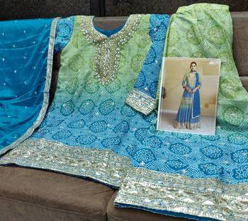 Light green & blue  bandhani embroidered suits free size - upto 42 2
