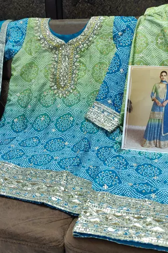 Light green & blue  bandhani embroidered suits free size - upto 42