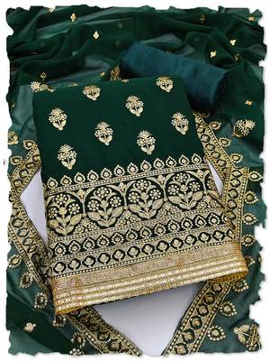 Dark Green Georgette Unstitched Kurta Pant Dupatta Set Golden Zari Thread Ethnic Embroidered Festive Dress Material 1