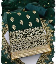 Dark Green Georgette Unstitched Kurta Pant Dupatta Set Golden Zari Thread Ethnic Embroidered Festive Dress Material