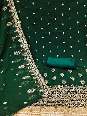 Dark Green Georgette Unstitched Kurta Pant Dupatta Set Golden Zari Thread Ethnic Embroidered Festive Dress Material 2