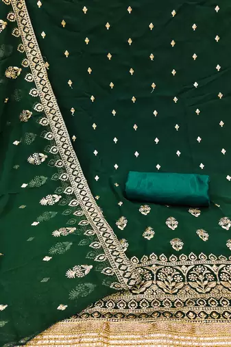 Dark Green Georgette Unstitched Kurta Pant Dupatta Set Golden Zari Thread Ethnic Embroidered Festive Dress Material