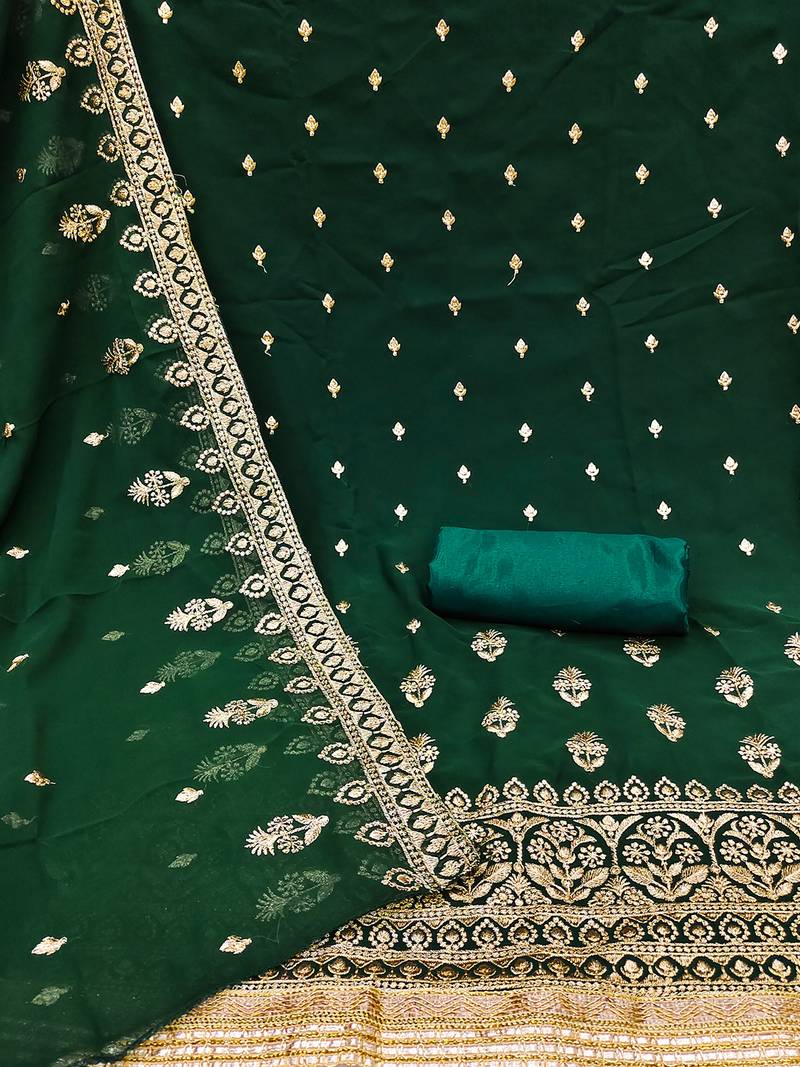 Dark Green Georgette Unstitched Kurta Pant Dupatta Set Golden Zari Thread Ethnic Embroidered Festive Dress Material
