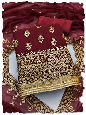Maroon Georgette Unstitched Kurta Pant Dupatta Set Golden Zari Thread Ethnic Embroidered Festive Dress Material 1