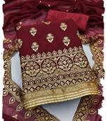 Maroon Georgette Unstitched Kurta Pant Dupatta Set Golden Zari Thread Ethnic Embroidered Festive Dress Material