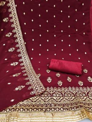 Maroon Georgette Unstitched Kurta Pant Dupatta Set Golden Zari Thread Ethnic Embroidered Festive Dress Material 2