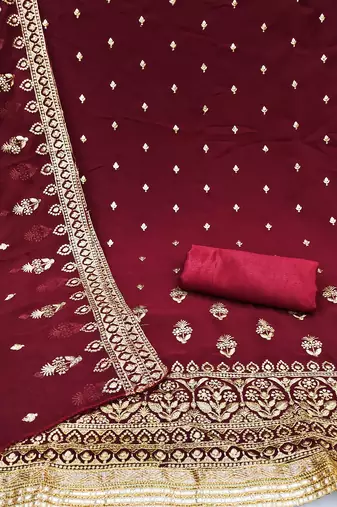 Maroon Georgette Unstitched Kurta Pant Dupatta Set Golden Zari Thread Ethnic Embroidered Festive Dress Material