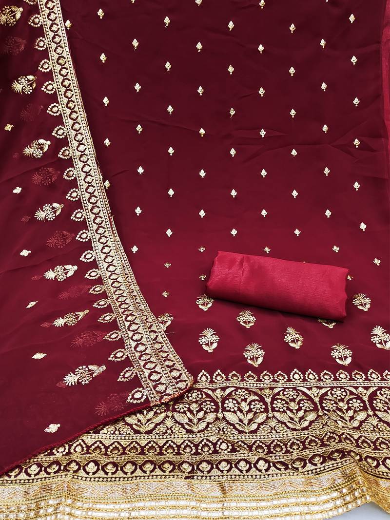 Maroon Georgette Unstitched Kurta Pant Dupatta Set Golden Zari Thread Ethnic Embroidered Festive Dress Material