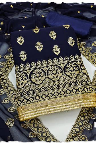 Navy Blue Georgette Unstitched Kurta Pant Dupatta Set Golden Zari Thread Ethnic Embroidered Festive Dress Material