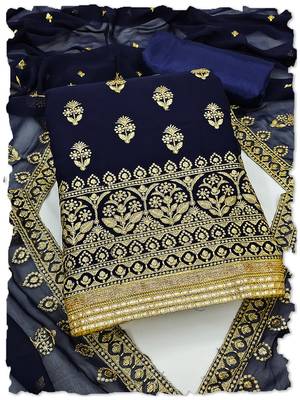 Navy Blue Georgette Unstitched Kurta Pant Dupatta Set Golden Zari Thread Ethnic Embroidered Festive Dress Material 1