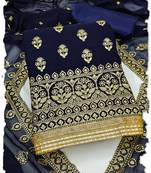 Navy Blue Georgette Unstitched Kurta Pant Dupatta Set Golden Zari Thread Ethnic Embroidered Festive Dress Material