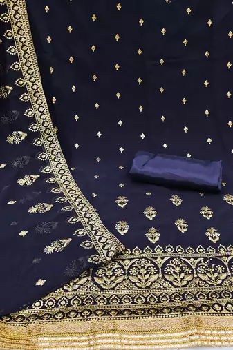 Navy Blue Georgette Unstitched Kurta Pant Dupatta Set Golden Zari Thread Ethnic Embroidered Festive Dress Material