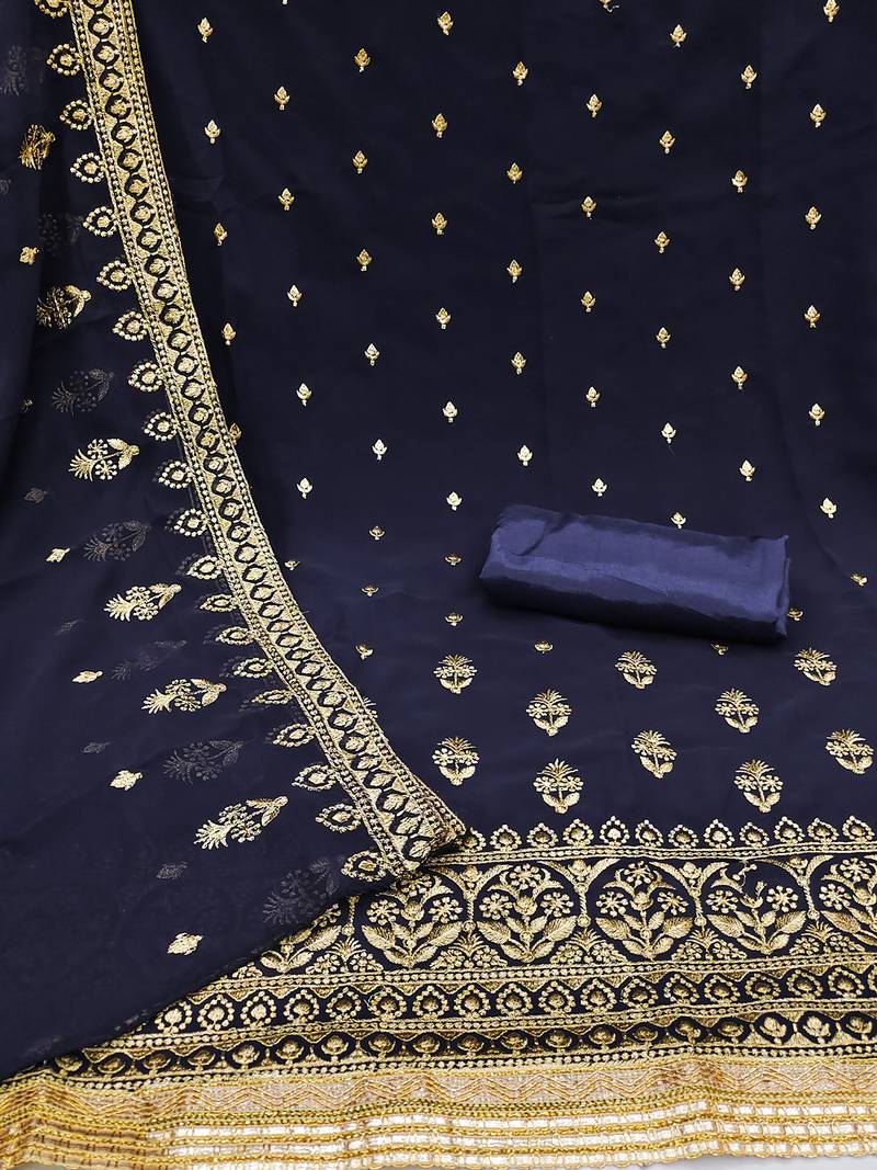 Navy Blue Georgette Unstitched Kurta Pant Dupatta Set Golden Zari Thread Ethnic Embroidered Festive Dress Material