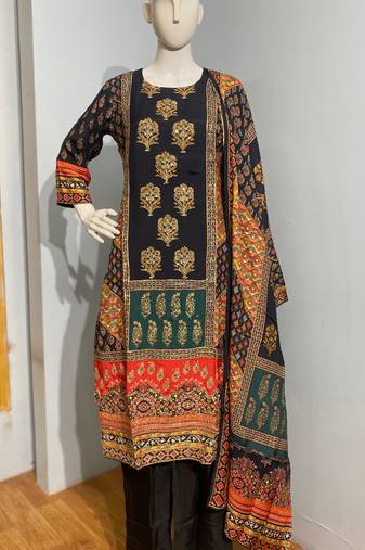 Black premium printed & hand embroidered pure viscose stitched salwar suit