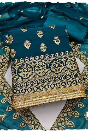 Teal Georgette Unstitched Kurta Pant Dupatta Set Golden Zari Thread Ethnic Embroidered Festive Dress Material