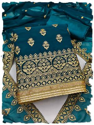 Teal Georgette Unstitched Kurta Pant Dupatta Set Golden Zari Thread Ethnic Embroidered Festive Dress Material 1