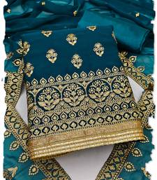 Teal Georgette Unstitched Kurta Pant Dupatta Set Golden Zari Thread Ethnic Embroidered Festive Dress Material