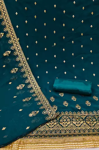 Teal Georgette Unstitched Kurta Pant Dupatta Set Golden Zari Thread Ethnic Embroidered Festive Dress Material