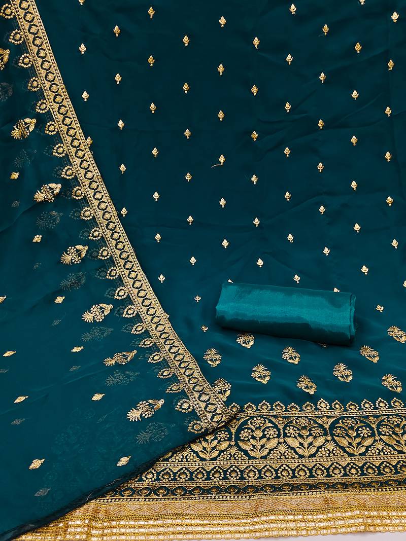 Teal Georgette Unstitched Kurta Pant Dupatta Set Golden Zari Thread Ethnic Embroidered Festive Dress Material