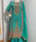 Sky blue premium printed & hand embroidered pure crepe stitched salwar suit