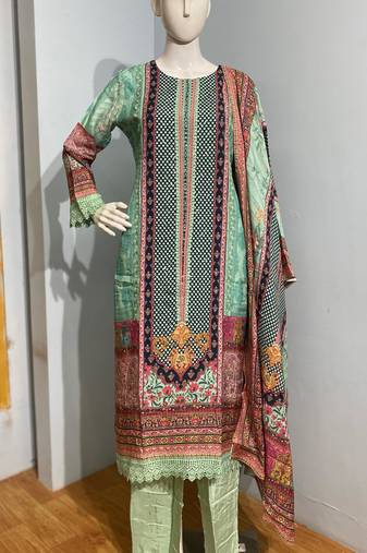Sky blue premium printed & hand embroidered pure viscose stitched salwar suit