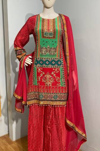 Red premium printed & hand embroidered pure crepe stitched salwar suit