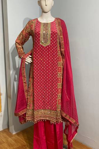 Rani pink premium printed & hand embroidered pure crepe stitched salwar suit