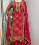 Rani pink premium printed & hand embroidered crepe stitched salwar suit