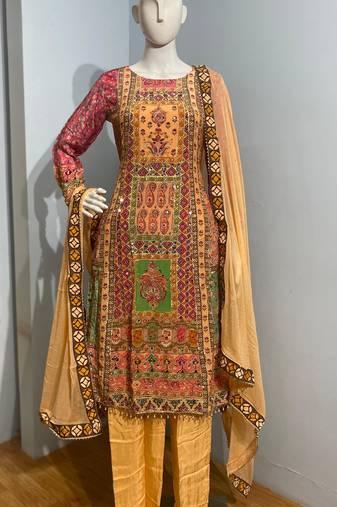 Yellow premium printed & hand embroidered pure crepe stitched salwar suit