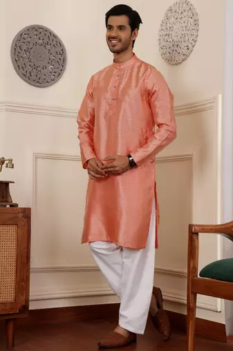 Orange viscose jacquard kurta