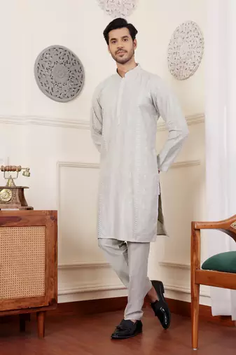 Light green silk embroidered kurta set