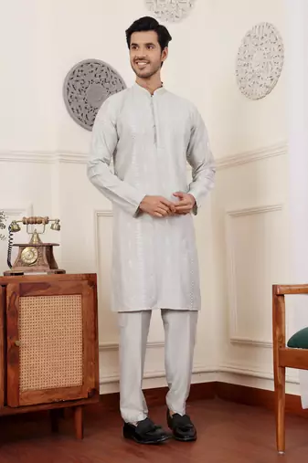 Light green silk embroidered kurta set