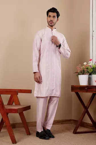 Light pink silk embroidered kurta set