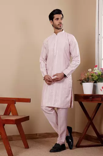 Light pink silk embroidered kurta set