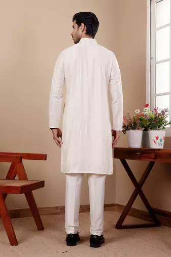 Off white silk embroidered kurta set