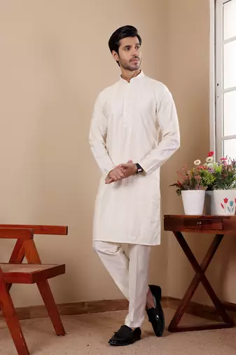 Off white silk embroidered kurta set