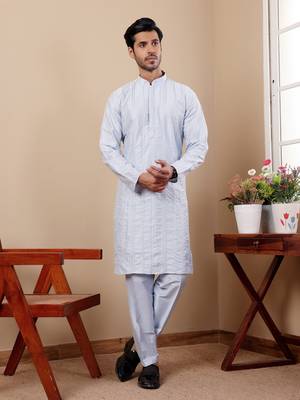 Light blue silk embroidered kurta set 1