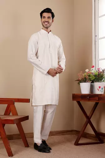 Off white silk embroidered kurta set