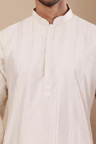 Off white silk embroidered kurta set