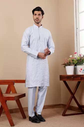 Light blue silk embroidered kurta set
