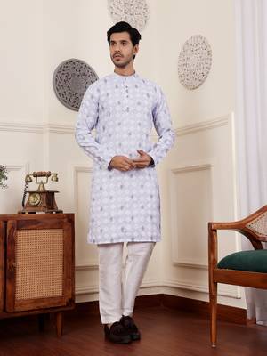 Light purple linen embroidered kurta 1