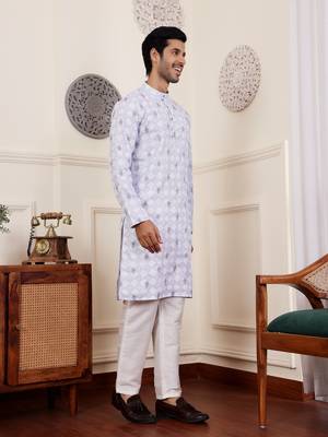 Light purple linen embroidered kurta 3