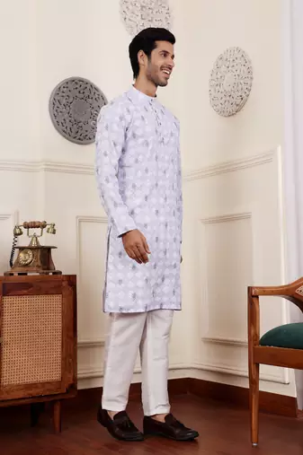 Light purple linen embroidered kurta